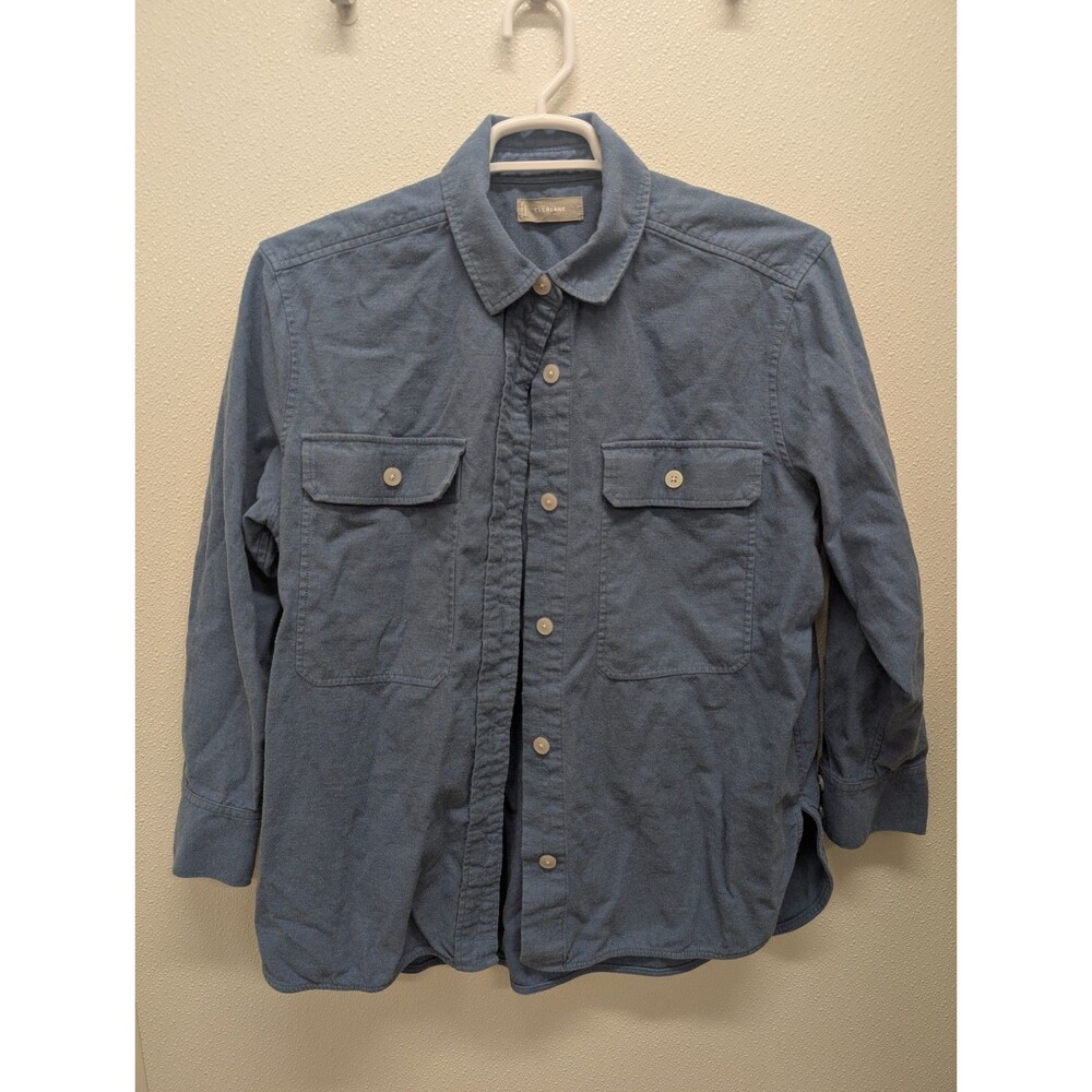 Everlane Womens Large Boyfriend Flannel Slate Blue Overshirt Shacket Utility